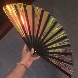 PINK iridescent holographic rave hand fan bamboo